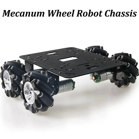 Omnidirectional 80mm Mecanum Wheel Robot Chassis MC200 4WD Kit For Arduino Raspberry Pi, showing wheels and metal panel.