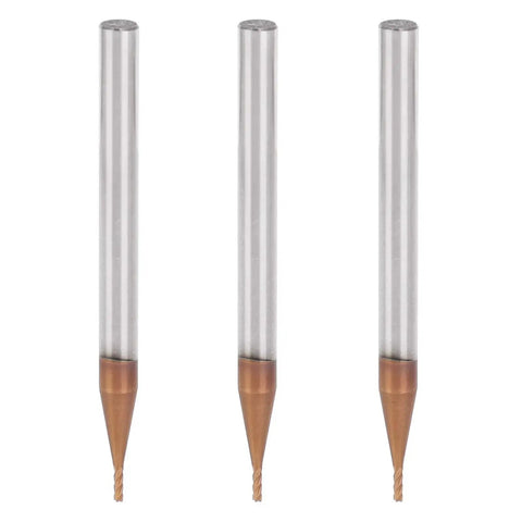 Three Piece 4 Flute CNC End Mill Set For Woodworking And Precision Engraving Pro Grade Built From Ultra Fine Cemented Carbide, front view.