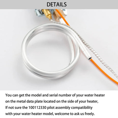 Water heater pilot assembly featuring circular stainless steel thermopile coil and orange insulated wire.
