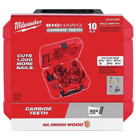 Big Hawg Carbide Tipped Hole Saw Kit For Metal And Wood, 10-Piece Set, Red, Milwaukee 49-56-9290 packaging front view