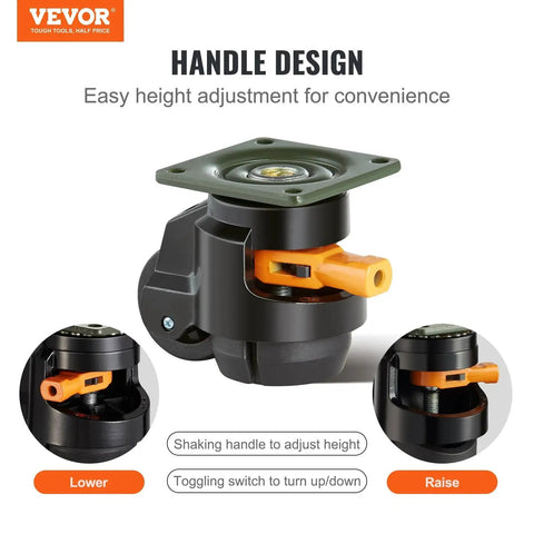 Leveling Casters Set Of 4 With Height Adjustable Handles, Heavy Duty 360 Degree Swivel Wheels, 2 Inch Diameter, Handle Design