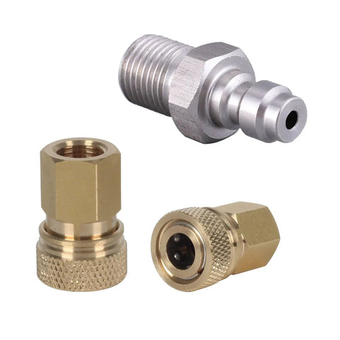 RecDec 8mm quick-disconnect to 1/8 NPT adapter set; brass fittings with knurled ends and silver quick-disconnect plug for air hoses