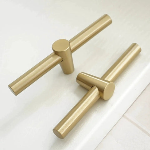 Brushed Brass Cabinet Knobs 4 Pack T Bar Cabinet Pulls Gold Finish 3.9 Inch Length Single Hole Drawer Handles Solid Copper Construction