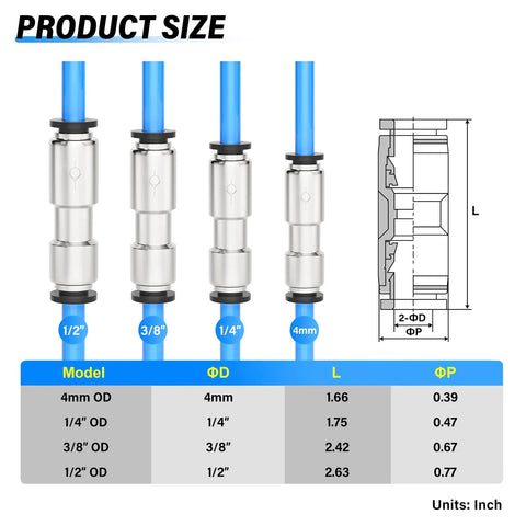 Four nickel-plated copper quick-plug one-way check valves on blue tubes; sizes 4mm, 1/4, 3/8, 1/2 OD