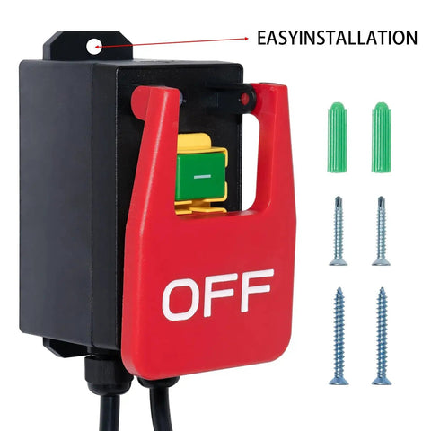 110V 16A Table Saw Emergency Stop Paddle Switch, quick stop safety switch with red paddle, screws, and easy installation guide.