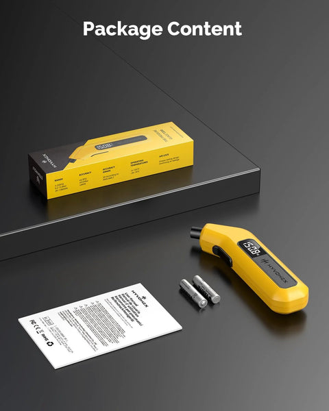 Digital tire pressure gauge HYVOHEX in yellow with LED display; includes AAA batteries, box, and manual.