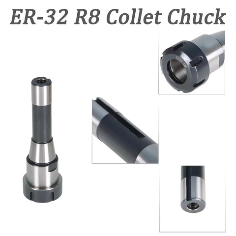 Close-up views of ER32 Collet Chuck Tool Holder for CNC Milling Lathe with Seven Sixteenth Inch Spindle Thread and 1 to 20 mm Clamp Range