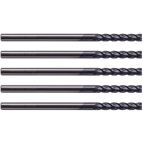 Pro Grade 5 Piece Solid Carbide Long End Mills AlTiN Coated 4 Flute 30 Degree Helix For Precision Milling Eighth Inch Cutting