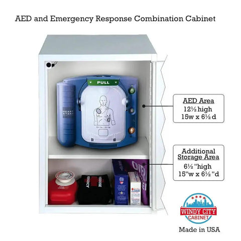 Heavy Duty AED Cabinet With Alarm And Dual Storage For First Aid Kit, showing AED area and additional storage, wall mount steel locker.