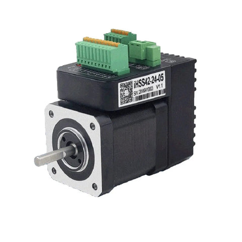 Integrated Step Servo Motor System with 0.48 Nm output and 1000 line encoder closed loop, shown in compact design, product side view.