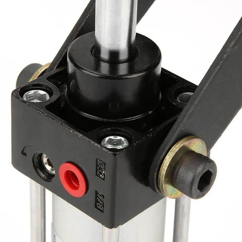 Close-up of Heavy Duty Pneumatic Clamp Cylinder 300mm Reach for Welding, Fixtures and Industrial Jigs with steel construction.