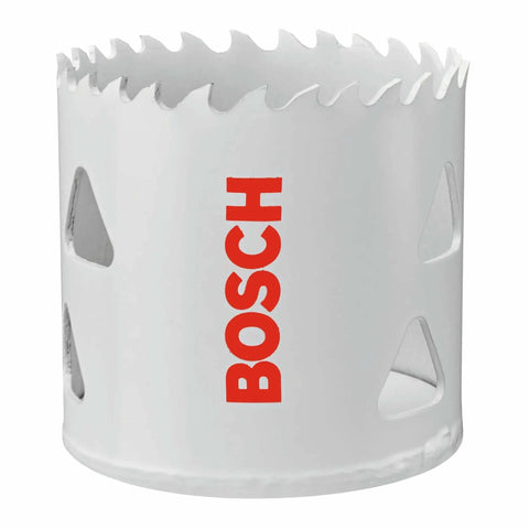 Two And A Quarter Inch Bi Metal T Slot Hole Saw With Eight Percent Cobalt M42 Alloy For Pro Grade High Temperature Tougher And Cleaner Cuts In Metal Wood And Plastic Featuring Triangle Chip Clearance For Quick Plug Removal Bosch HBT225 showing front view.