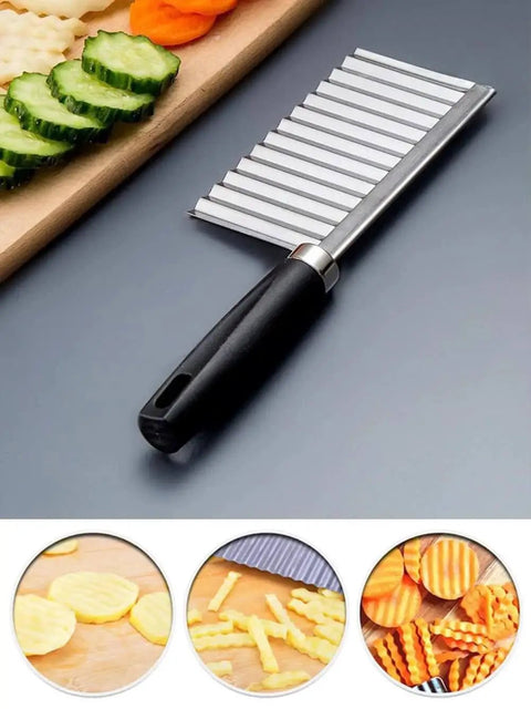 Crinkle Cutter Knife For Fun Kitchen Creations, Stainless Steel Wave Slicer For Potatoes Carrots And Veggies, Chips And Fries, Easy Grip Black Handle, No Batteries Needed, Kid Friendly Lunch Prep Tool For Creative Meals next to crinkle-cut cucumber and carrot slices.