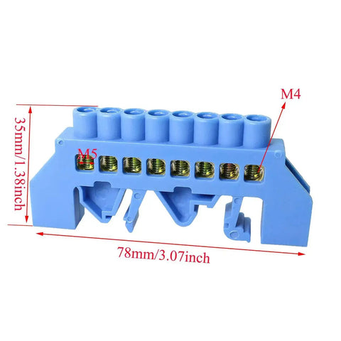 8-Position DIN Rail Screw Terminal Block With Brass Terminals And Copper Contacts Grounding Strip Bottom Seat Snap-In Mount 78 mm Long