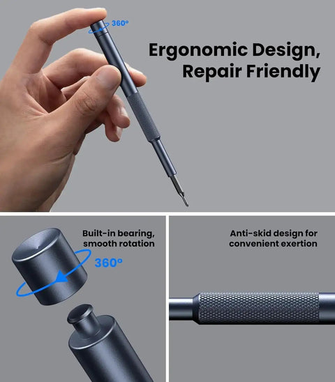 Hand holding 37-In-1 Small Precision Screwdriver Set With Bearing Steel Bits, focus on ergonomic design and anti-skid handle.