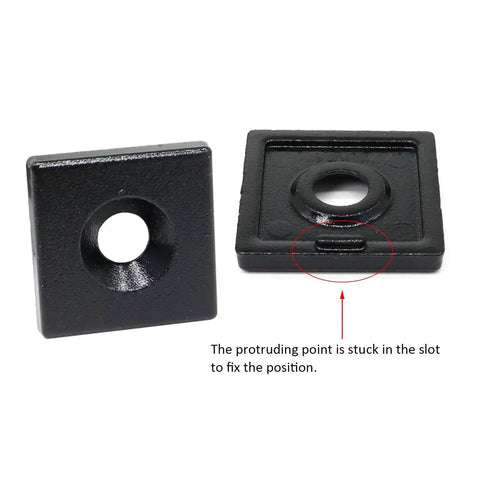 Close-up of black aluminum T-slot end cap brackets showing protruding point for 10 Pack Aluminum Extrusion T Slot End Cap Brackets For 10 By 10 And 25 Series