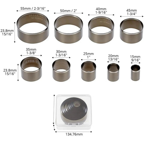 9 Piece Leather Circle Cutter Set 15 To 55 mm Pro Grade Hollow Hole Punch Kit with size labels and storage box