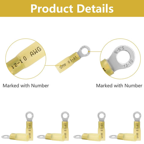 Heat shrink insulated ring terminal for 12-10 AWG wires, yellow sleeve, set of four marine-grade connectors by Amazon.