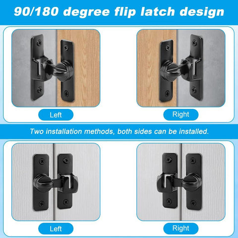 Two Pack Barn Door Lock Latches 90 Degree And 180 Degree Flip Design for privacy and security, black finish, installed on doors.