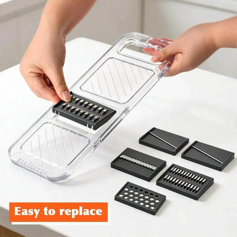 Hands assembling Six In One Mandoline Slicer With Adjustable Blades And Safe Hand Guard for kitchen use, showing blades.