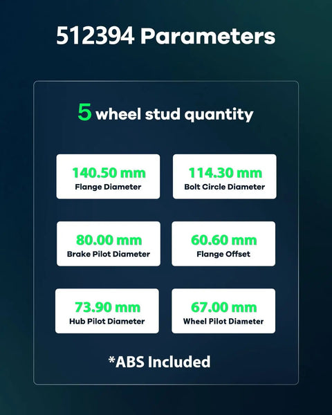 Specifications chart for rear wheel hub bearing assembly 512394 with dimensions and ABS included for 5 lug setup