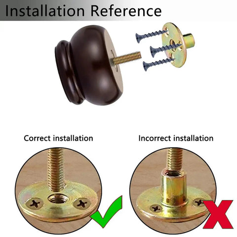 Installation guide for 2 Inch Wood Furniture Feet Set Of 4 Replacement Bun Feet with Predrilled M8 Bolts, showing correct and incorrect mounting.