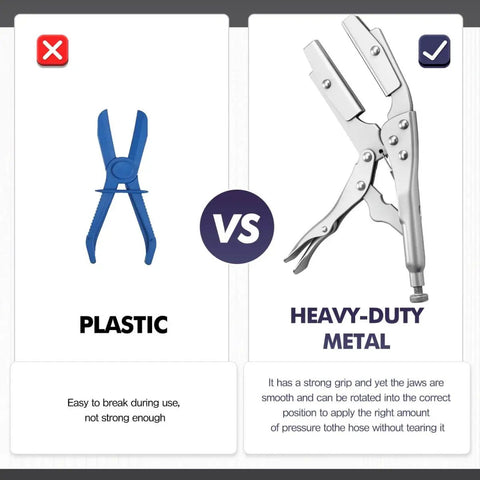 Comparison between plastic and heavy-duty metal pliers, highlighting durability for Four Pack 10 Inch Radiator Hose Clamp Pliers Set