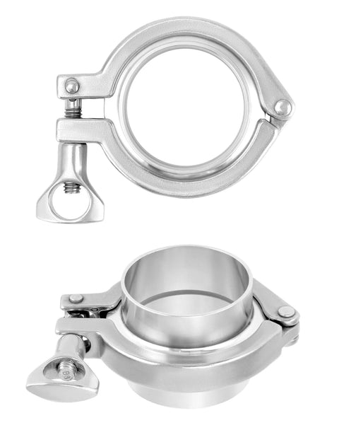 Two sets of sanitary clamp fittings: 304 stainless steel, 2 in clamp ring with weld ferrule, 51mm ID.