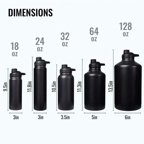 Various sizes of black insulated water bottles, including 24 Oz Insulated Water Bottle With Handle, 304 Stainless Steel, BPA Free, shown.