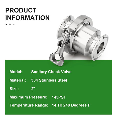 Angled view of 2-inch sanitary check valve in 304 stainless steel with tri-clamp ferrule