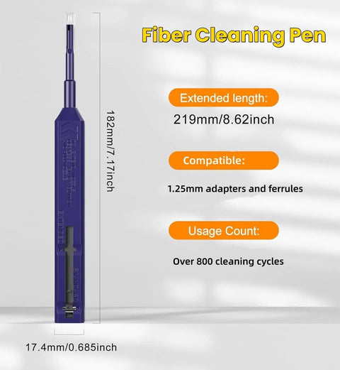 Zenithra fiber optic cleaning pen, blue, 1.25 mm ferrule adapters for LC/MU FTTH connectors, extended to 219 mm, 800+ cycles