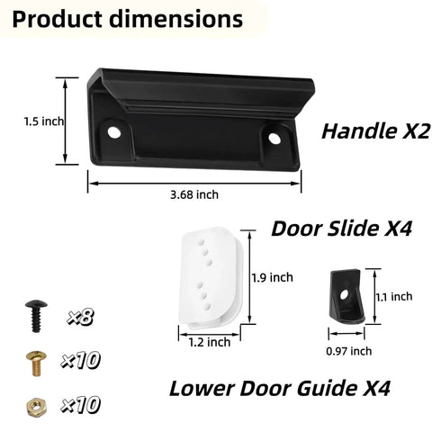 DK100 A Shed Door Full Kit Door Tune Up Kit with black handle, slides, guides, screws, and nuts dimensions shown
