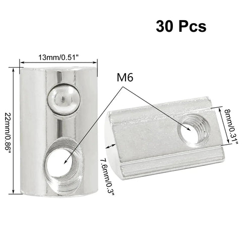 30 Pcs M6 Half Round Spring T Nuts For 4040 Aluminum Extrusion Profiles, Carbon Steel With Nickel Plating, metric dimensions shown