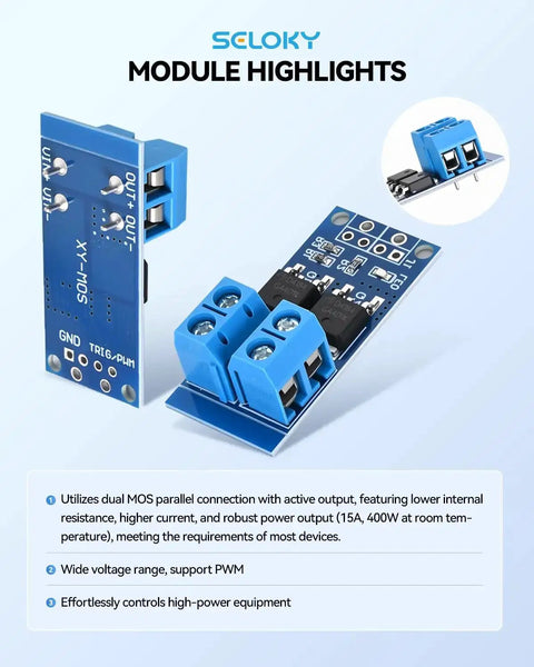 Close-up view of Six Piece Dual High Power MOSFET Trigger Switch Drive Module Kit With 0-20KHz PWM Adjustment, blue control board