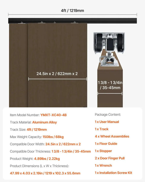 Heavy Duty Bypass Sliding Door Hardware Kit For Two Doors Four Foot Aluminum Alloy With Finger Pulls Closet Door Hardware Set Fits Doors From One And Three Eighths To One And Three Quarters Inches Thick Supports Up To One Hundred Fifty Pounds