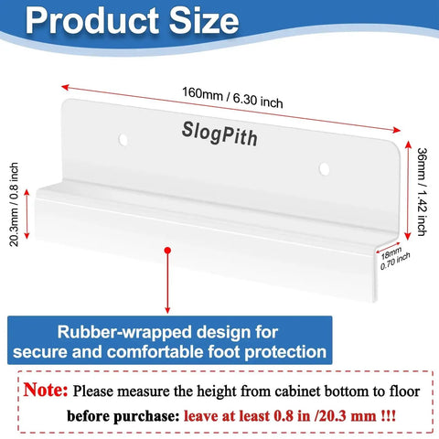 Size dimensions of Hands Free Cabinet Foot Pull For Trash Drawer, showing measurements and rubber-wrapped stainless steel construction.