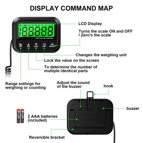 Beefy 440Lb Postal Scale LCD display with weighing unit options and functions, shown with back panel and battery compartment.