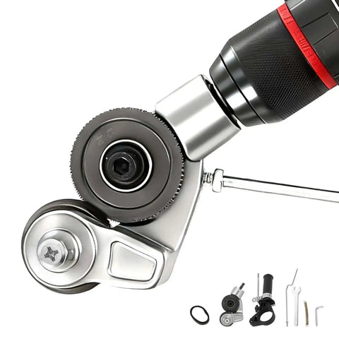 Close-up of Pro Grade Heavy Duty Metal Nibbler Drill Attachment for electric drills with double cut tool and accessories.