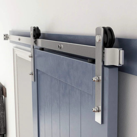 Six Feet Brushed Nickel Sliding Barn Door Hardware Kit for 36 Inch Door installed with smooth quiet track system on blue door