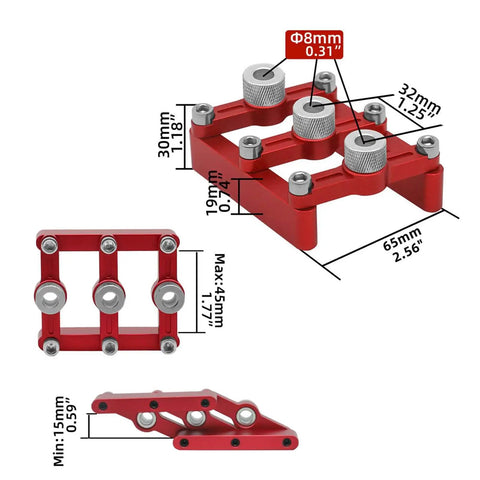 Image showing red 3-In-1 Doweling Jig With Hole Drill Guide And 90 Degree Positioner Locator Tool for woodworking, with dimensions.