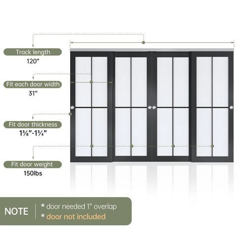 Bypass Double Sliding Pocket Door Hardware Kit for 4 Door System Aluminum Track Commercial Grade 10 Feet Long 120 Inches