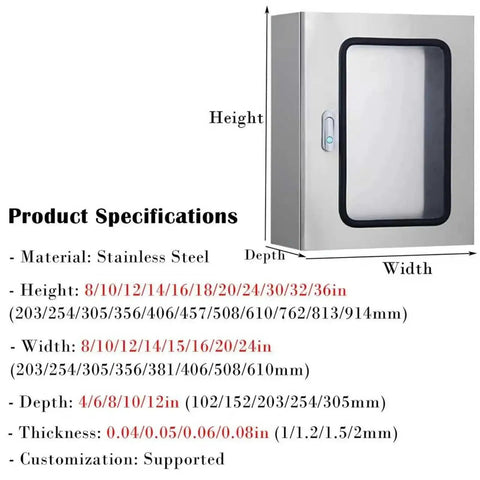 Stainless Steel Indoor Electrical Enclosure Box With Hinged Cover Built To Last, Wall Mounted, showing size specifications