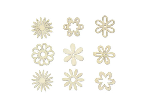 45 Piece Laser Cut Wood Flower Shapes Set For Crafts With Nine Unique Designs Each One Inch Across Unfinished Plywood For Painting Glittering And DIY Projects
