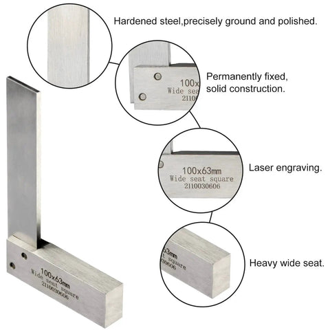 Pro Grade Machinist Square For Engineers And Workshop Pros With Precision 90 Degree Right Angle Hardened Ground Steel Wide Seat For Accurate Layout And Machining Setup Four By Two And One Half Inches showing detailed features.