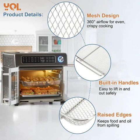 Replacement Air Fryer Basket For Emeril Lagasse 26 Qt French Door Oven 360 shown with mesh design, built-in handles, and raised edges