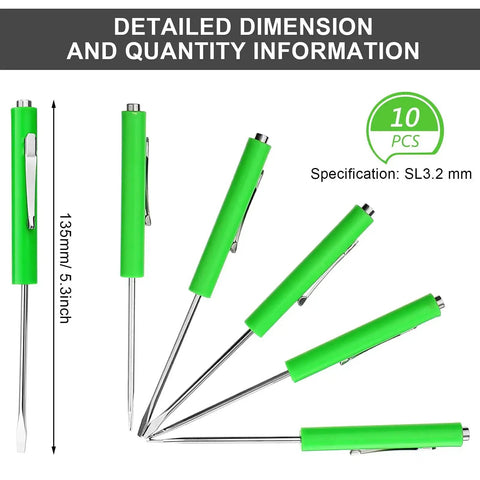10-Piece Pocket Screwdriver Set With Magnetic Clips, green handles, 13.5 cm length, 3.2 mm blade, slotted flathead tools