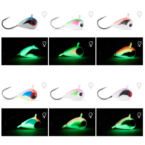 Glow Paint Tungsten Ice Fishing Jigs 6 Pack for Winter Crappie and Bluegill, glow-in-the-dark and daylight visible, side view.