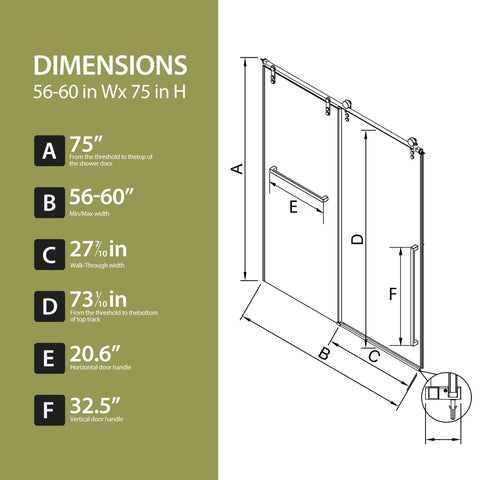 Dimensions diagram for Barn-Style Sliding Shower Door With Exposed Rollers, 8mm Clear Tempered Glass, 60 Inch Wide By 75 Inch High.