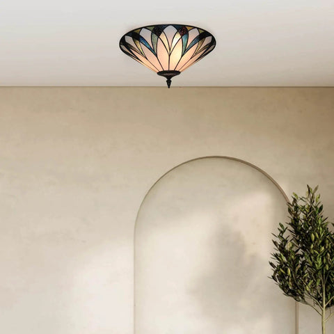Vintage Stained Glass Ceiling Light 18-Inch Flush Mount Fixture With Bowl Shade in a living room setting