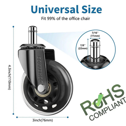Transparent 3 Inch Office Chair Wheels Replacement Set of 5 Heavy Duty Caster Wheels 3-inch size details and RoHS compliant badge